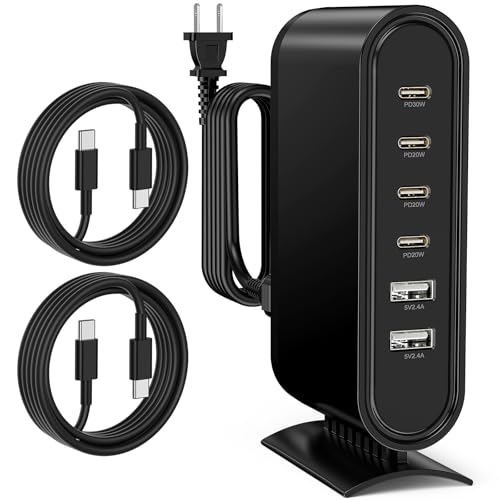 114W Charging Station for Multiple Devices,6 Port Multi Charger Station with 3.3ft USB C Cables,USB C Fast Charging Hub Organizer Multiport for iPhone 16 15 Pro Max, Samsung, Android, iPad (Black)