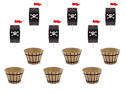 PartyDeco - Lot de 6 moules à cupcakes avec décoration pour cupcakes, fête, thème pirates, couleur ZFM3