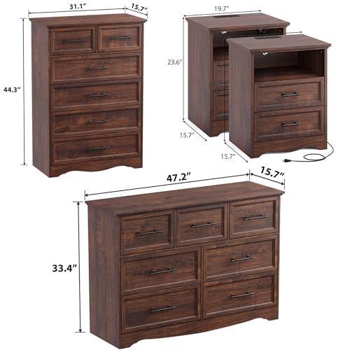 Image of Bedroom Set, 4 Pieces Bedroom Furniture Set, 47 inch W 7 Drawer Dresser, 44 inch H 6 Drawer Dresser and Nightstands with Charging Station, Farmhouse Storage Organizer Cabinet for Bedroom, Walnut