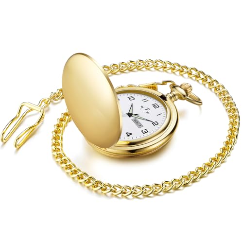 Image of BOSHIYA Smooth Quartz Pocket Watches for Men Classic Arabic Digital Luminous Dial & Day Date Pocket Watch with Chain Christmas Graduation Birthday Gifts