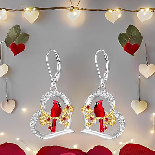 Cardinal Earrings for Women Sterling Silver Heart Red Cardinal Earrings Dangle Leverback Christmas Gifts2