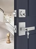 Goldenwarm Brushed Nickel Exterior Door Lock Set, Front Door Lock Set with Deadbolt, Square Contemporary Front Door Lock Sets, Heavy Duty Zinc-alloyed Exterior Door Handle (1 Pack)