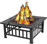 ZENY 32in Outdoor Fire Pits Outside Wood Burning Firepit Square Metal Fireplace Table Fire Bowl with Grill,Screen and Poker for Camping Bonfire Backyard BBQ
