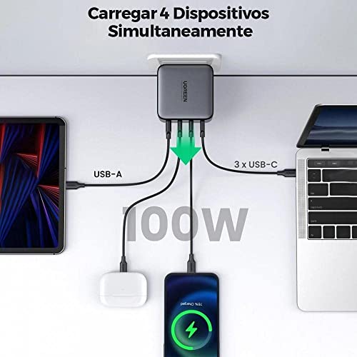 Carregador U-g-r-e-e-n Usb 4 em 1 Tipo A e Tipo C GanX 100w Detecção de Dispositivo Carga Otimizada