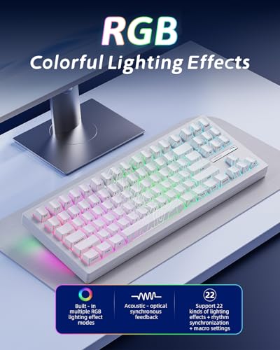 Image of ZORNHER ZH870 Wireless Gaming Mechanical Keyboard,80% White Custom Creamy Sound Keyboard with Lighted Up White Topographic Keycaps,Creamy Sounding Linear Switches,Hot-Swappable,RGB Backlit