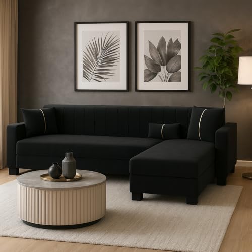 Image of SOCOZI Almeria 5 Seater RHS L Shape Sofa Set | Soft Velvet Suede Fabric | Modern Design | Plush Comfort Cushions for Living Room (Black)