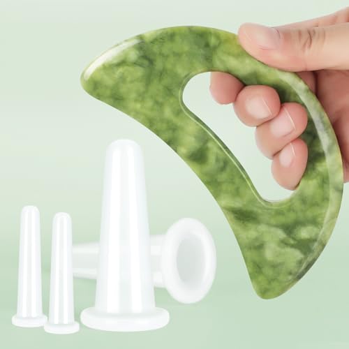 airogym Ferramenta de massagem Gua Sha com pedra de jade, conjunto de ventosas faciais de silicone,