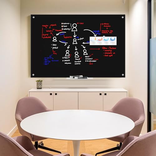 maxtek Magnetic Glass Dry Erase White Board, 48\" x 32\" Black Glass Board for Wall Mounted, Includes 6 Magnets with Marker Tray, 3 Markers and 1 Eraser for Classroom Home, Office Supplies
