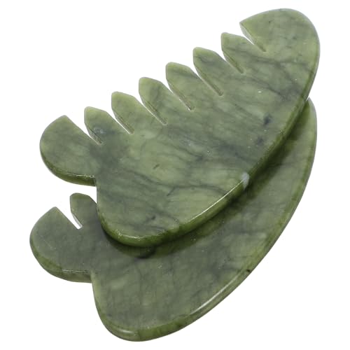 DEARMAMY 2pcs Jade Scalp Massage Comb and Facial Guasha Scraper Set, Natural Light Green Jade Stone Meridian Comb for Relaxation, Exfoliating Massage Tool for Head and Face Wellness
