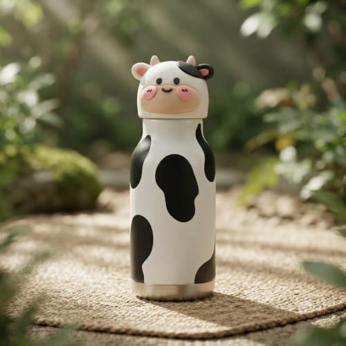 Image of JOUET 450ml Stainless Steel Kids Water Bottle with Cute Cow Character Lid, Leakproof Drinking Bottle for School, Travel, Sports & Everyday Use