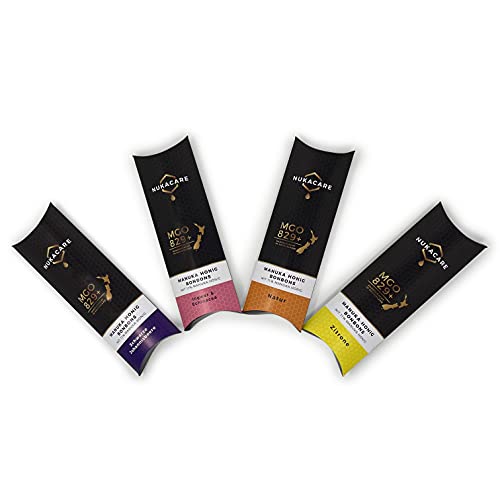 NUKACARE - MGO 829+ Bonbons 4 Sorten Mix | Natur, Ingwer, Zitrone, Schwarze Johannisbeere, 100% Pur aus Neuseeland mit MGO-zertifiziertem Premium Manuka Honig | Wohltuend für den Hals Cover