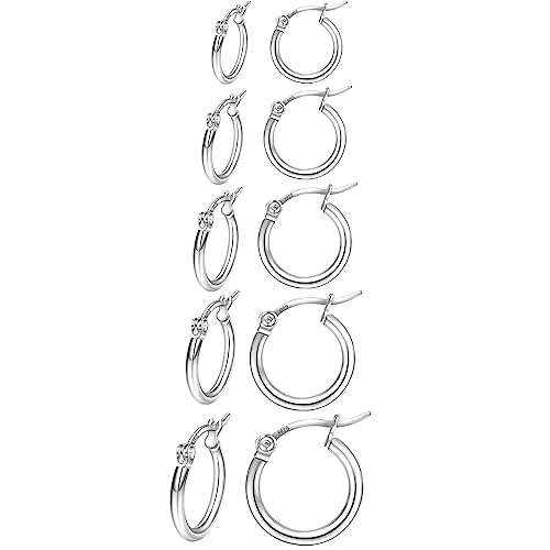 5Pairs Sterling Silver Hoop Earrings-Silver Hoops Earrings for Women Sleeper Small Hoop Earring Tiny Mini Hoops Earring for Girls Women 8/10/12/14/16mm PABBEU