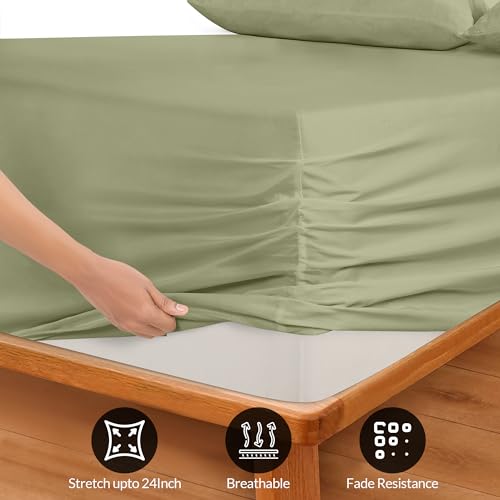Image of Royale Linens Extra Deep Pocket Queen Fitted Sheet Only - Queen Size Deep Pocket Sage Green Fitted Sheet -Fits 18 to 24 inch Thick Mattress- Soft & Breathable Elastic Sheets (60x80 Inches, Sage Green)
