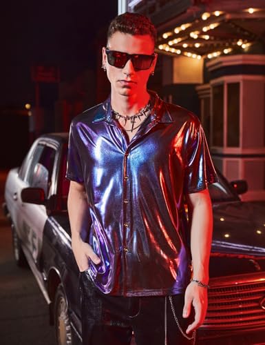 Casey Kevin Men's Short Sleeve Shirt Shiny Metallic Collared T-Shirt Sparkly Nightclub Sexy Button Down Disco Rock Party Shirts - Purple XL