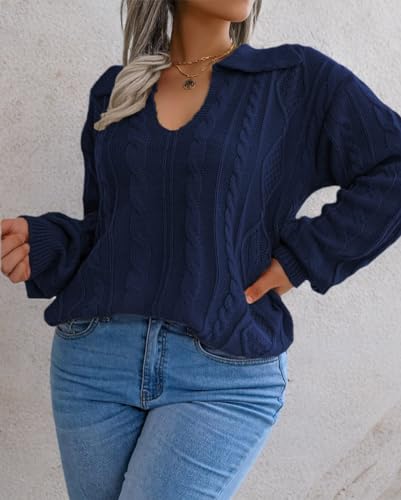 Image of Plus Size Sweaters for Women Polo V Neck Chunky Cable Knit Pullovers 1X-5X