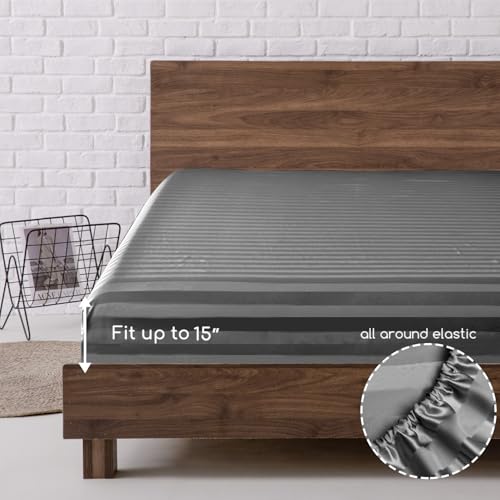 Image of MR&HM Satin Bed Sheets, Full Size Sheets Set, 4 Pcs Silky Bedding Set with 15 Inches Deep Pocket for Mattress (Full, Dark Grey Striped)