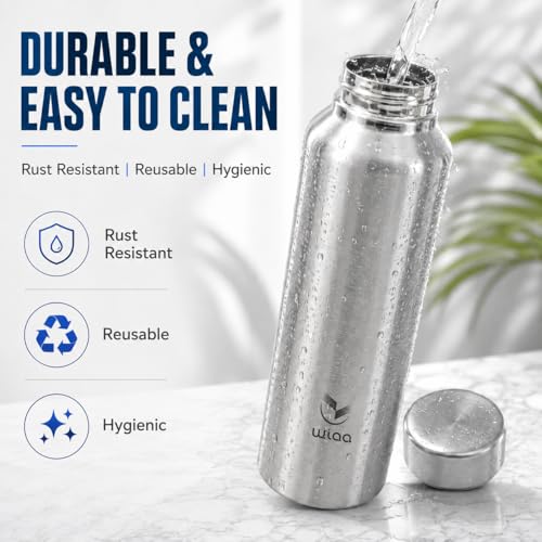 Image of Stainless Steel Water Bottle 1 Litre | Single Wall, Leak Proof Fridge Bottle with Wide Mouth | Office, Gym, School, Travel & Home (CLASSIC | 3PC SET)