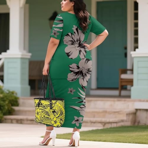 Image of Puletasi Samoan Traditional 2 Piece Outfits for Women Short Sleeve Crop Top and Maxi Skirt Sets Puletasi Dress