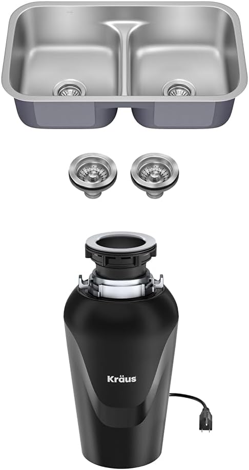 KRAUS Premier 32-inch Undermount 50/50 Double Bowl Low Divider 18-Gauge Stainless Steel Kitchen Sink with WasteGuard™ Continuous Feed Garbage Disposal, KBU32-100-75MB