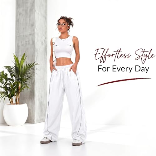Image of Women's Baggy Loose Fit Wide Leg Track Pants | Elastic Waist Drawstring Casual Lounge Trousers with Side Stripe and Pockets