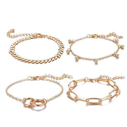 Gold Rectangle Oval Link Chain Bracelets Sets Boho Layered Adjustable Beaded Bare Foot Anklets Bracelets Multilayer Beach Bracelets Gift for Women Girls Jewelry - C