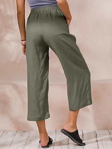 ECUPPER Womens Linen Cropped Pants Loose Casual Capri Cotton Wide Leg Plus Size Elastic Waist with Drawstring Trouses - Image 4