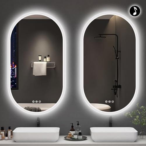 S'bagno 2pcs 20x36 Oval LED Bathroom Mirror with Lights, Anti-Fog, Bluetooth Speaker, 3 Colors Temperature & Dimmable, Lighted Mirrors for Bathroom Wall with Memory Function, Waterproof, Shatter-Proof