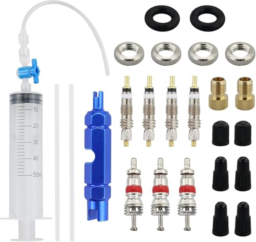Jeringa para líquido sellador para bicicleta, 60 ml, herramienta de extracción de válvula, compatible con selladores Stans, kit de montaje sin cámara incluye 8 núcleos y 8 tapones de válvulas Presta