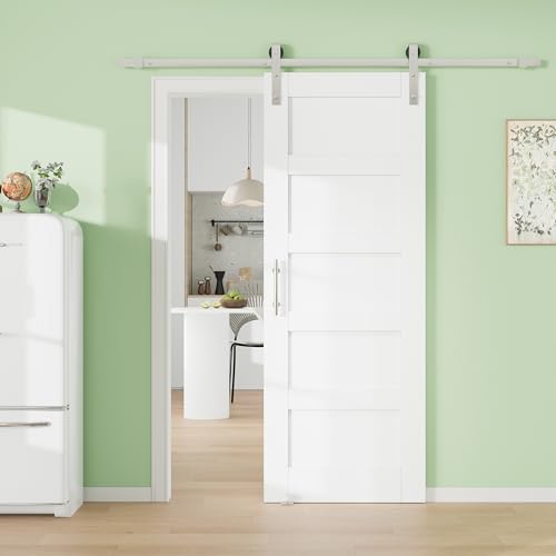 Image of 32 inch x 80 inch 5-Lite Tempered Clear Glass Barn Door with 72 inch Track Kit, Solid Core MDF Sliding Barn Doors for Closet Kitchen Bedroom Living Room, Easy to Clean & Modern Style, Nickel-Plated Hardware Kit