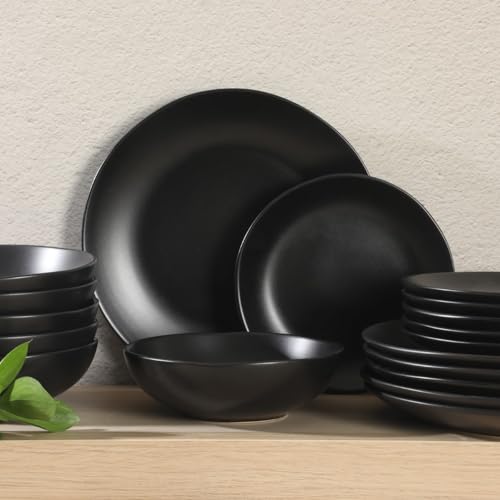 Image of Gibson Home Bethel 18 Piece Plates and Bowls Ceramic Stoneware Organic Shape Dinnerware Set (Service for 6) - Matte Black