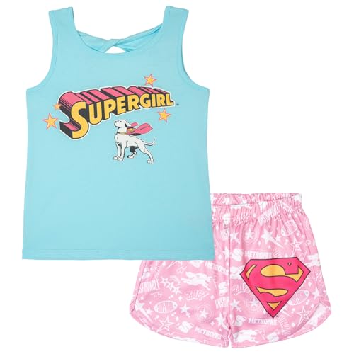 DC Comics Justice League Toddler Girls Sleeveless Twist Back Top and Printed Mesh Shorts Coordinated Outfit Krypto Blue Pink 4T