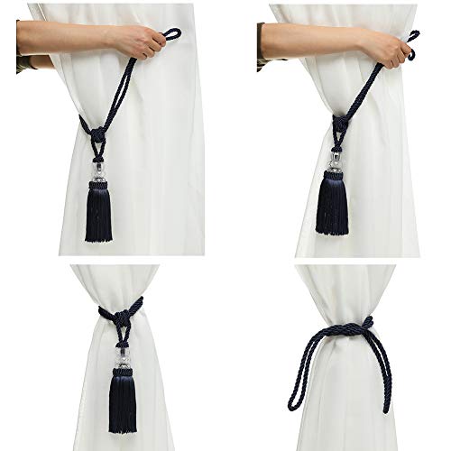 BEL AVENIR 4 Pack Curtain Hand-Woven Tiebacks Crystal Holdbacks Home Decorative Tassels (Navy, 4 Pack)