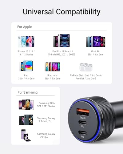 Car Charger for iPhone 17/17 Pro Max USB C Fast Charger,2Pack 90W 3-Port Charger Adapter for iPhone 16/16 Plus/16 Pro/16 Pro Max/15/14/Pro Max/AirPods4/ iPad Pro/Mini, (USB C to C Cable) - image 6