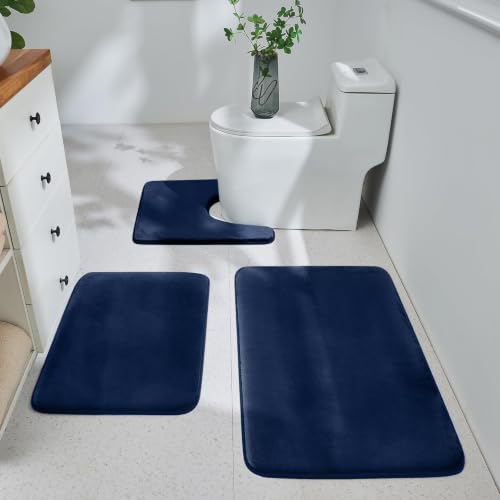 HUXMEYSON 3-Piece Memory Foam Bathroom Rug Set Navy
