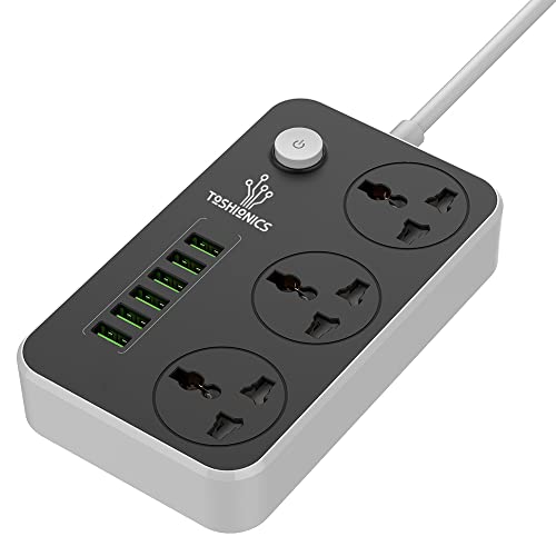 Toshionics 3 Way Power Strips Extension Cords | Adapter Extension 6 USB Charging Ports | 3 Universal Plugs Power Strip With 2 Metres Surge Protection Cable Extension (Black)