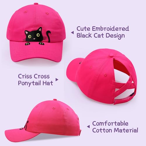 Girls Criss Cross Ponytail Hat Black Cat Baseball Cap Kids Adjustable Cotton Hats Funny Embroidered Sun Hat Age 3-143