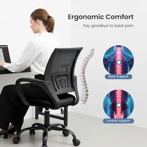 Image of DUMOS Home Office Chair - Ergonomic Mid Back Mesh Desk Chair with Lumbar Support & Rocking Mode, Height Adjustable with Fixed Armrest, for Computer, Gaming, Meeting, 360 Swivel, Black
