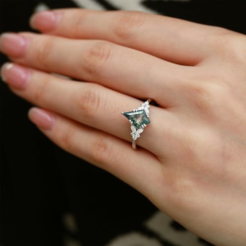 Natural Moss Agate Engagement Rings for Women Promise Ring with 1CT Kite-cut Moss Agate Ring for Women 925 Sterling Silver 10K 14K 18K Gold2