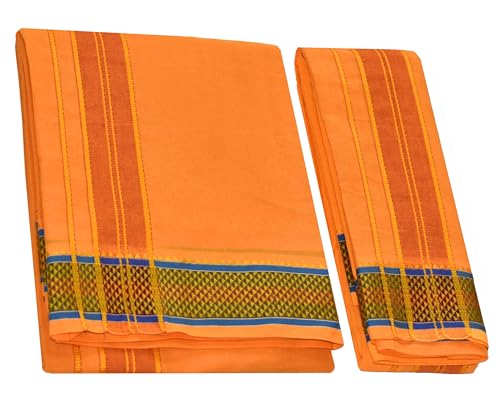 Image of TUNI MANI Men's Panchakacham Dhoti with Angavasthram with Zari Border, Cotton, Size: 9 X 5 (4.0mtr Dhoti, 2.25mtr Towel)