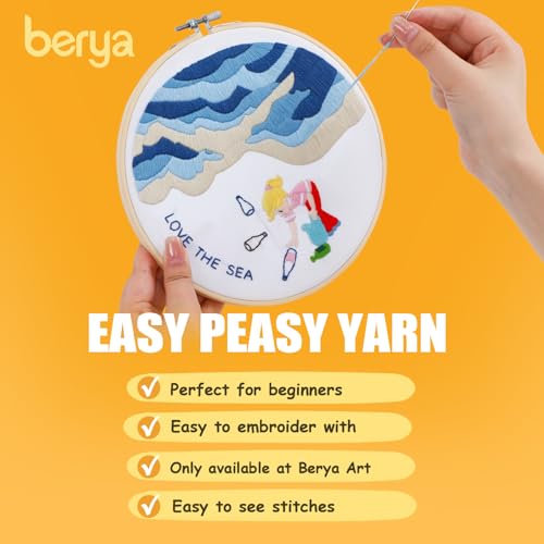 Image of BERYA Embroidery Kit for Adult Beginners, Sea Embroidery Kit with Step-by-Step Instructions and Video, Printed Cloth, 7.87 inch Hoop, Display Stand, Color Threads and Tools for Craft Lover(BEH001)