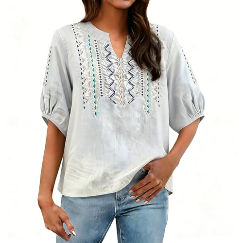 Chemisier brodé bohème à col en V et manches bouffantes en gaze de coton et lin pour femme, tissu doux, confortable, léger, style polyvalent pour sortir au quotidien., blanc, XL