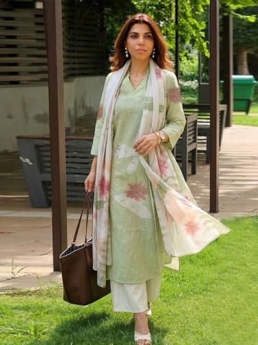 Image of ANNI Designer Women Cotton Blend Straight Fit Printed Kurta Pant Dupatta Set | V Neck Three Quarter Sleeve Ensemble | Soft Breathable Fabric | Comfortable Elegant Styling for Office Casual Wear
