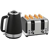 HOMCOM Stainless Steel Kettle and Toaster Set, 1.7L 3000W Rapid Boil Jug Kettle with UK Strix Thermostat, Limescale Filter, 4 Slice Toaster with 7 Browning Controls, Crumb Tray, Black and Silver Tone