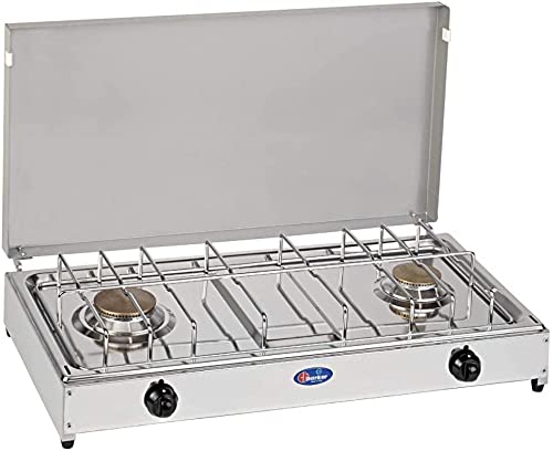 FORNELLO DA TAVOLO PARKER GAS GPL (BOMBOLE) 2 FUOCHI CON VALVOLE SICUREZZA PER USO INTERNO - PIANALE IN ACCIAIO INOX TELAIO GRIGIO 5522RSG