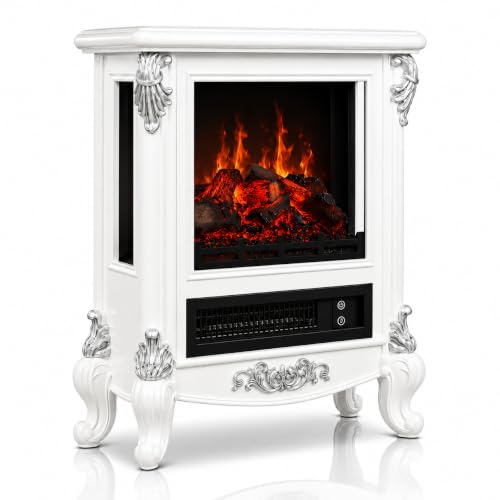 Image of FESTIVITY 18 inch Electric Stove Fireplace, 1500W Thermostat with 5100 BTU Heat Output, Adjustable Flame & Brightness Levels, Portable Electric Fireplace for Bedroom & Living Room-White & Silver