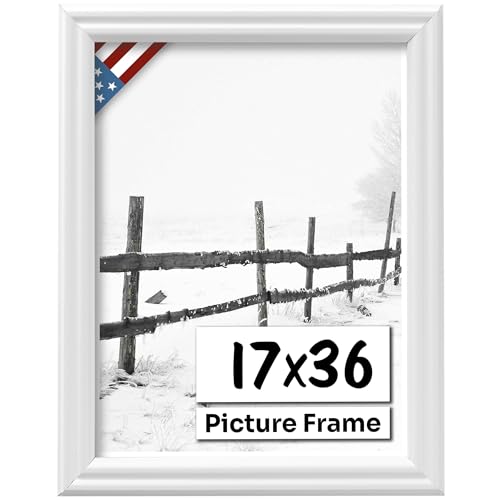 White 17x36 Picture Frame .75" Inch Wide - White Wall Decor Handmade Solid Wood Frames with Preinstalled Hangers and UV Blocking Plexiglass 36x17 Frame