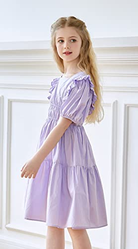 SMILING PINKER Girls Dress Square Neck Short Puff Sleeves Ruffle Party A-line Flare Solid Dresses4
