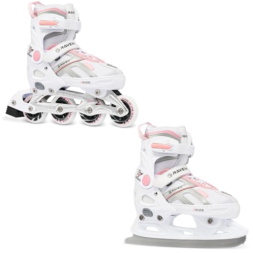 RAVEN Pulse Inline Skates Inliner für Kinder und Erwachsene OPTIONAL 2in1 mit Schlittschuhen verstellbar (White/Pink mit Kufen, 37-40 (23,5-26cm))