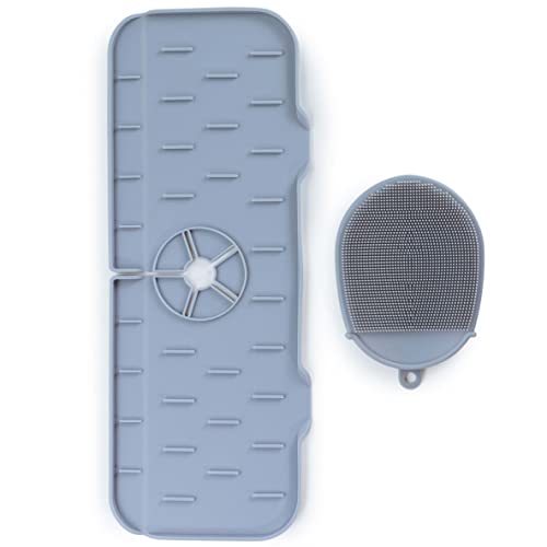 Ojack Kitchen Sink Splash Guard - Silicone Faucet Mat, Sink Draining Pad Behind Faucet, Dish Soap Dispenser And Sponge Holder - Sink Protectors For Kitchen Counters - Gray (14.6 Inch) #TOP1