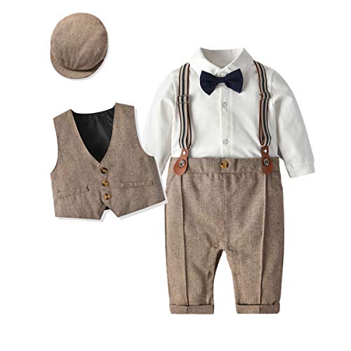 Image of Boarnseorl Baby Boys Long Sleeve Gentleman Outfits Set,Romper Suits+Vest+Suspenders+Bowtie+Cap,9-12M